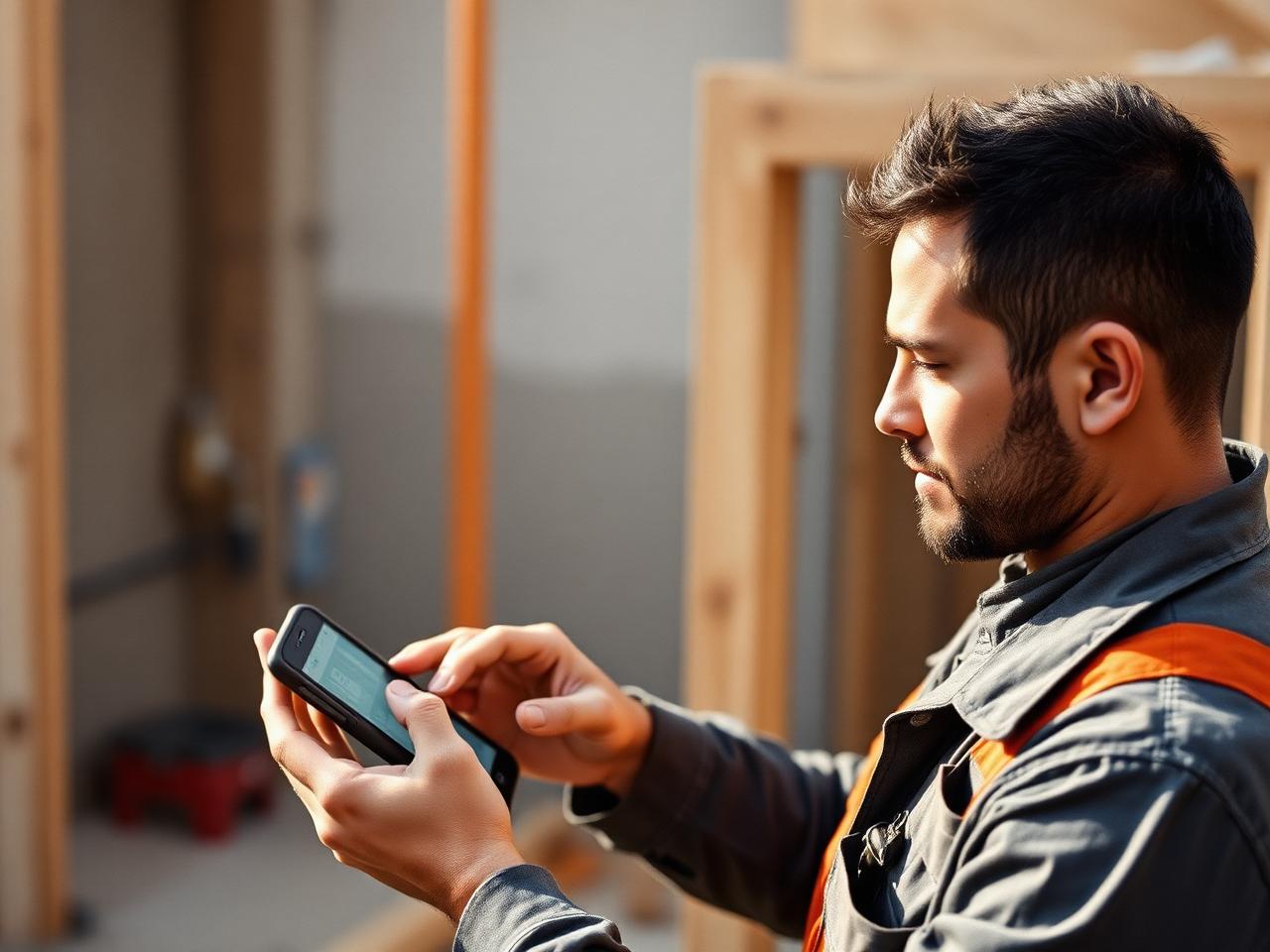 Tradesman checking a schedule on a phone