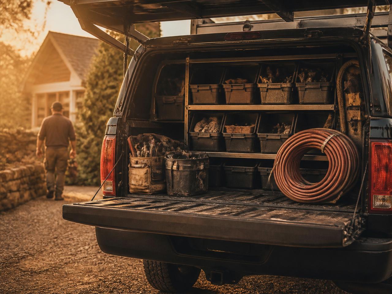 Work truck at golden hour with tools and hose organized in the back