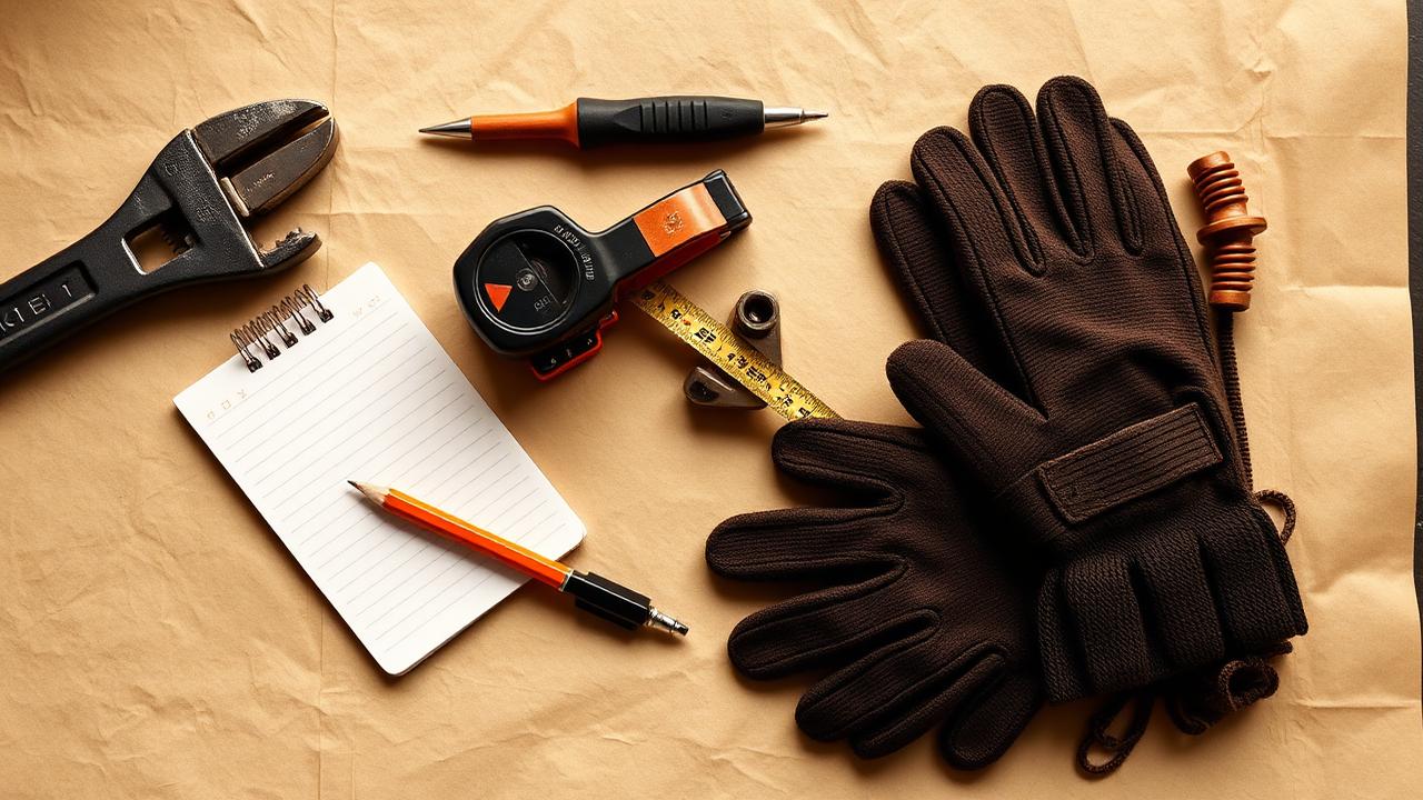 Tools and notepad on a workbench